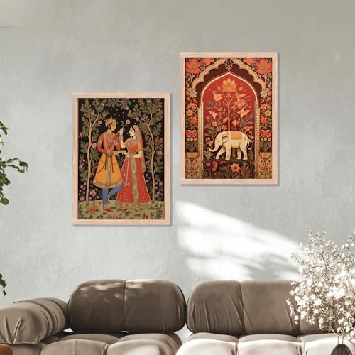 Image of kotart Traditional Indian Wall Art Painting Set of 2 | Rajasthani Folk Couple & Elephant Floral Design | MDF Wooden Framed Wall Decor for Living Room, Bedroom & Home (Art 1, 19x25 inch)