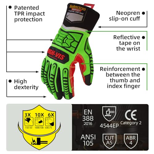 Seibertron HIGH-VIS HDC5 Schnittschutzklasse 5 Deckhand Schlagfestes Arbeitshandschuhe Montagehandschuhe Öl und Gas Sicherheit Handschuhe Dornensichere und Stichfeste Gartenhandschuhe L