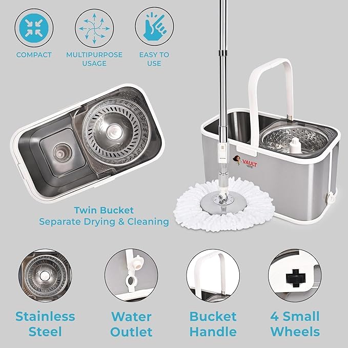 Image of Stainless Steel Spin Mop with Bucket Set for Floor Cleaning | Mop Bucket | Mop Set with 1 Microfiber Refill, Wheels, Dual Compartment Design, Microfiber Head - Grey and White