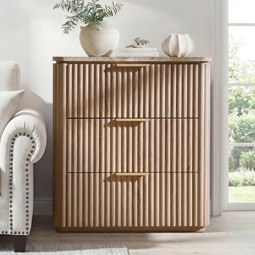 Image of 3 Sided Fluted Nightstand with Faux Marble Top, Modern Bedside Table | End Tables Bedroom, Bed Side Table, Night Table, FSC-Certified, 3 Drawers, Rounded Corner, Metal Handle, Natural Oak