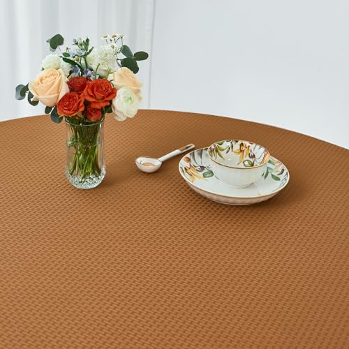 Image of maxmill Fall Tablecloth Weaved Texture Design Stain Resistant Waterproof Anti-Shrink Spillproof Washable Soft Table Cloth for Dining Room Harvest Thanksgiving Parties, Round 70 Inch, Amber