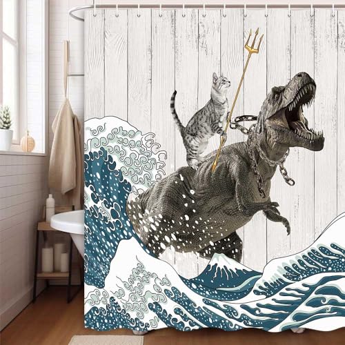Image of Boziqr Funny Cat Shower Curtain, Cool Cat Dinosaur Japanese Ocean Wave Decor Fabric Bathroom Curtains, Kids Children Rustic Wooden Farmhouse Long Shower Curtain, 70 X 84 Inches