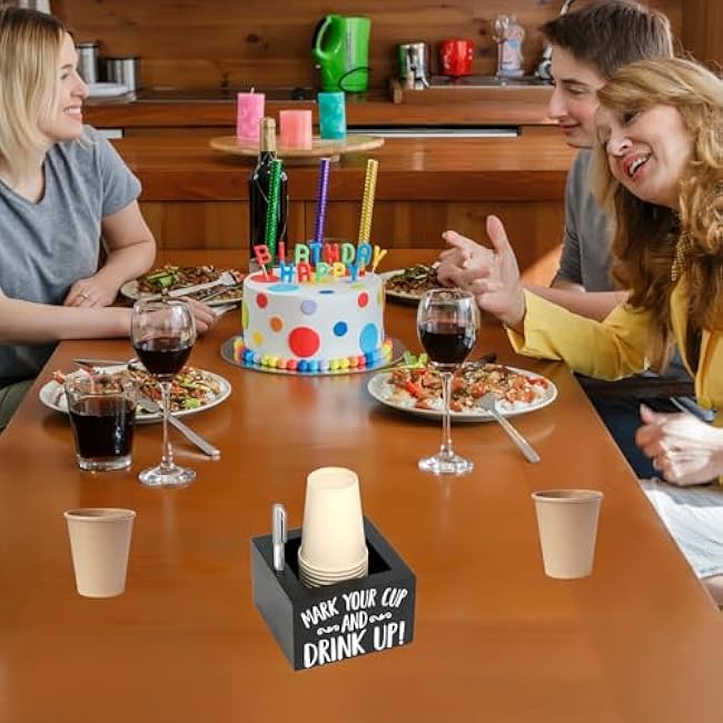 QWORK Disposable Cup Holder with Marker Slot - Solid Wood, Wooden Party Cup Holder, Drink Caddy Dispenser Organizer Drink Up Cup Holder for Kitchen, Parties, Bathrooms, Housewarming Party Decor