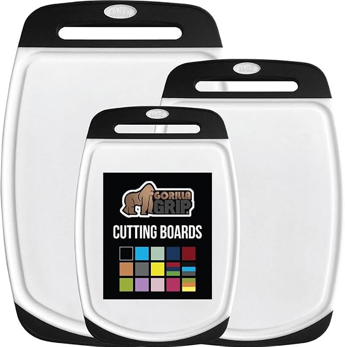 GORILLA GRIP BPA-Free Reversible Kitchen Cutting Board Set of 3, US Designed, Nonporous, Juice Grooves Catch Liquid, Slip Resistant Border, Dishwasher Safe, Durable Large Food Chopping Boards, Black