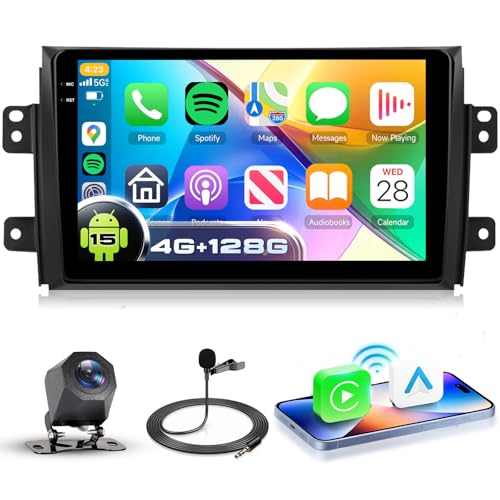 VECHTEL 4G+128G Android 15 Radio Coche para Suzuki SX4 2006 2013 Fiat Sedici 2005 2014, 9 Pulgadas In Cell HD Pantalla Táctil con Carplay Android Auto Inalámbrico GPS Wi Fi USB Bluetooth FM RDS Cámara