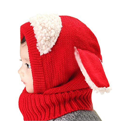 Toddlers Baby Girls and Boys Rabbit Ears Beanie Cap Winter Warm Knit Caps Scarf Woolen Earflap Hood Warm Skull Knit Caps (Hat1-Red)