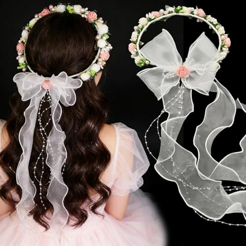 Haarschmuck Kommunion Kopfschmuck Mit Perlen Haarschmucke Kommunion Haarbänder für Damen Stirnband Haarschmuck Stirnbänder mit Quasten Haarband Blumenkopfbedeckung mit Perlen Rosa