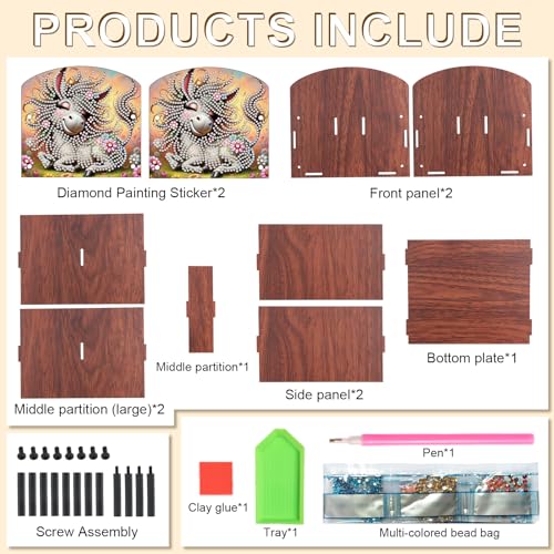 Image of Diamond Painting Wooden Desk Organizer Donkey Design, DIY Diamond Art Storage Box for Home Office Tabletop, Decorative Wooden Craft Organizer for Stationery & Accessories
