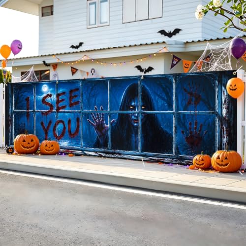 Image of Halloween Banner 118x35.4 Inch Scary Ghost Window Decoration Backdrop, Creepy Haunted House Party Decoration Outdoor Yard Sign for Festival Celebration, Fence Wall Porch Indoor Outdoor