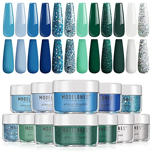 Modelones Acrylic Powder, 12 Colors Acrylic Nail Powder, Blue Glitter Acrylic Powder Set for Valentines Day Decor, Nail Acrylic Powder for Valentineâ€™s Gifts Nail Extension 3D Nail Art French Nail