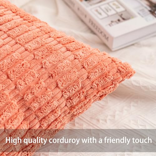 Image of Aegero Pack of 2 Corduroy Decorative Throw Pillow Covers 18x18 Inch, Orange | Fall Soft Striped Pillow Covers Modern Farmhouse Home Decor Christmas Throw Pillow Covers for Sofa Living Room Couch Bed