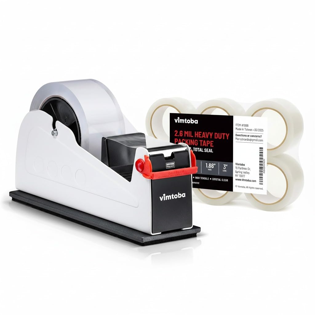 Vimtoba Heavy Duty 2-Inch Tape Dispenser with Non-Slip Base + 6 Rolls of 2.6 Mil Packing Tape | Dual Roll Desktop Tape Cutter & Strong Adhesive Shipping Tape for Moving Boxes & Package Sealing