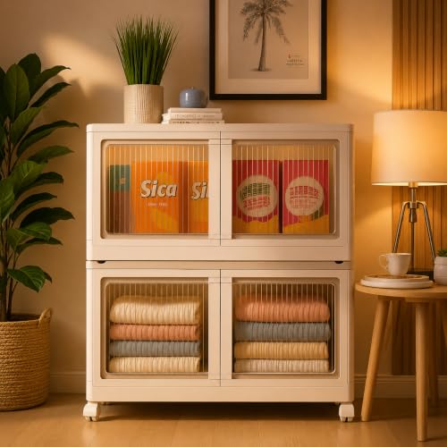 Image of 2 𝐏𝐀𝐂𝐊 Plastic Rack for Storage Cabinet with Wheels | Multipurpose Shelf Storage Services Almirah Wardrobe for Clothes, Kitchen Cupboard | Plastic Organizer with Transparent Doors