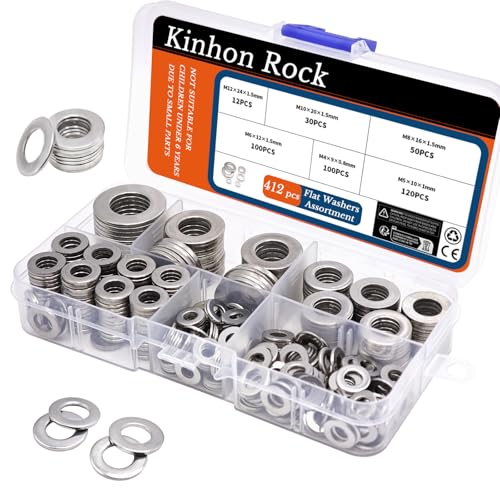 Kinhon Rock 412pcs Flat Washer Set 304 Stainless Steel M4 to M12 Washers for Screws & Bolts A2-70 Metal Washers Assortment Fender Washers for Automotive & DIY