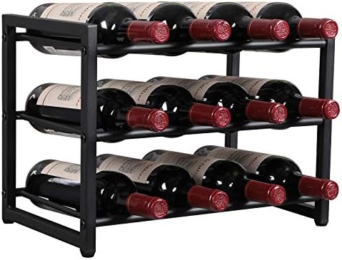 OROPY Wine Rack Freestanding Floor Counter, 3 Tier Display Storage Wine Rack for Countertop, 12 Bottles Wine Rack for Liquor Shelf (Metal Black)