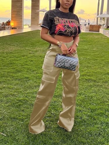 Women's Shiny Satin Cargo Pants Silky Metallic Extra Long Casual Trousers with Multi Pockets4