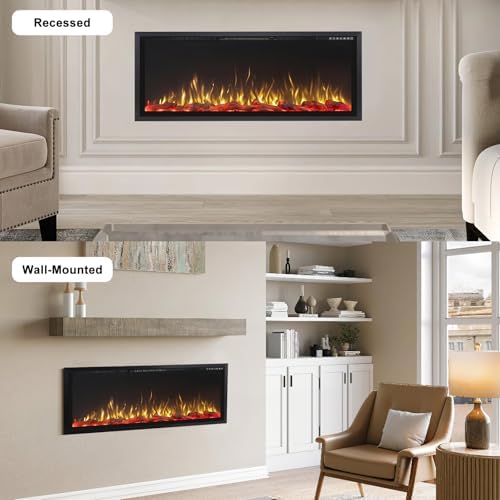 60" Electric Fireplace Ultra Narrow Aluminum Frame & Wide Screen, Electric Fireplace Inserts/Wall Mounted with Heater, Adjustable Flame Color and Brightness, Remote Control/Timer, 750/1500w - Thumbnail 3