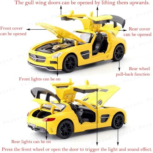 Image of 1:32 Benz SLS AMG Model Car Zinc Alloy Pull Back Toy with Sound & Light Fun for Kids, Boys & Girls Collectible Diecast Car for Ages 3+ (Yellow)