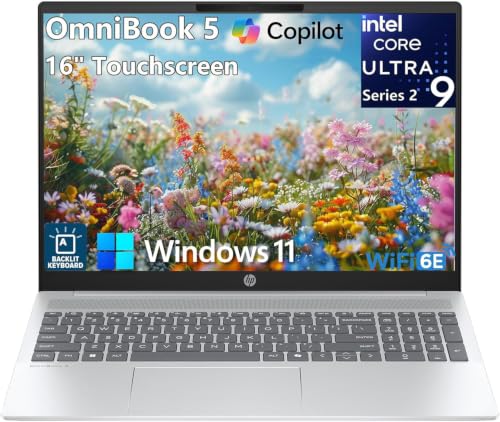 Image of HP OmniBook 5 AI PC Touchscreen Laptop, Intel Ultra 9 285H, 32GB LPDDR5X RAM, 1TB NVMe SSD, 16 inch IPS, Intel Arc 140T, WiFi 6E, Backlit Keyboard, Windows 11 Home, Copilot+ Ready
