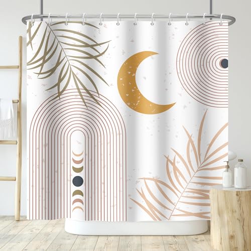 Vavbye Mid Century Boho Shower Curtain For Bathroom Modern Bohemian Abstract Shower Curtain Waterproof Arch Moon Modern Minimalistic Geometric Leaves Bath Curtain thumb #1