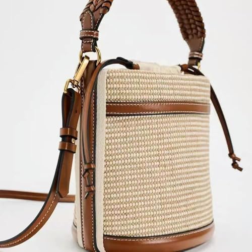 Women's Fashion Woven Bucket Bag Panelled Handbag Shoulder Bag Casual Summer Bag Small Beach Handbag2