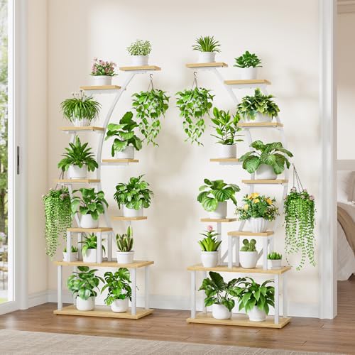 Image of BACEKOLL Plant Stand Indoor with Grow Lights, 9 Tiered Metal Plant Shelf, 64 inch Tall Plant Stand for Indoor Plants Multiple, Large Plant Rack Display Shelf, Curved Plant Holder for Living Room, White