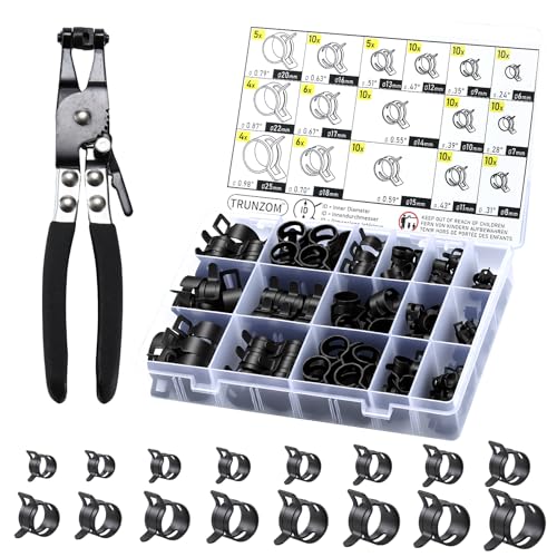 130Pcs 6-25mm Spring Hose Clamps Kit With Pliers Black Small spring ClampConstant Tension Steel Clamps for Automotive Fuel Lines Silicone Vacuum HosesLow-Pressure Air Clips