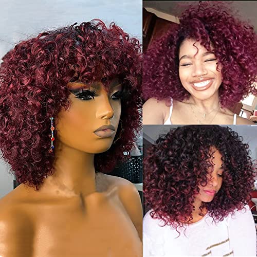 Burgundy Bob Wig with Bangs Brazilian Kinky Curly Virgin Human Hair Wig for Black Women 180% Density Thick Glueless Ombre Color Curly Bob Wigs 12 Inch