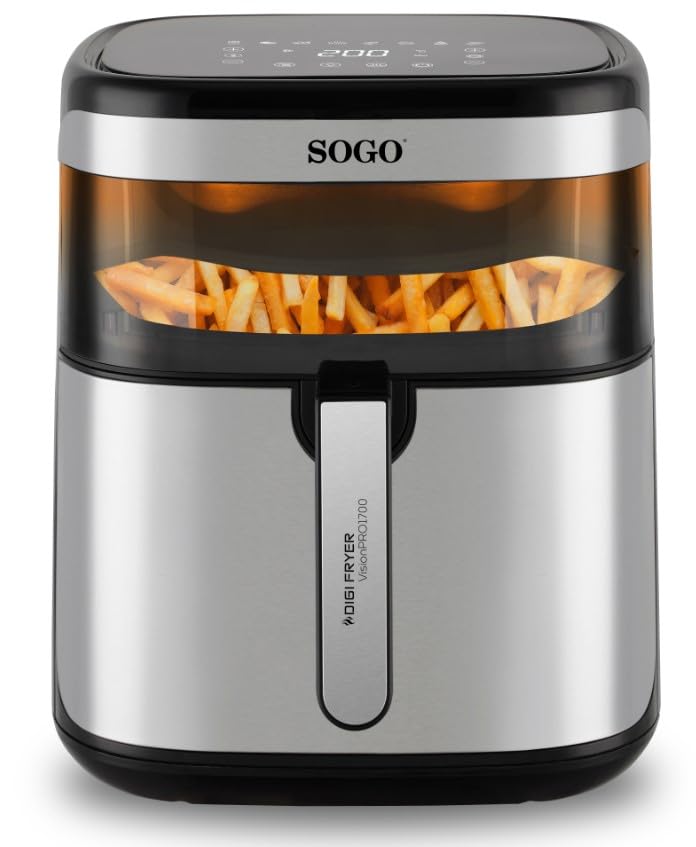 SOGO Freidora de Aire 10L sin Aceite | Air Fryer Digital con Pantalla Táctil LED | 10 Funciones, Ventana de Control, Recetario, Cesta Cerámica Inox y Accesorios Lavables