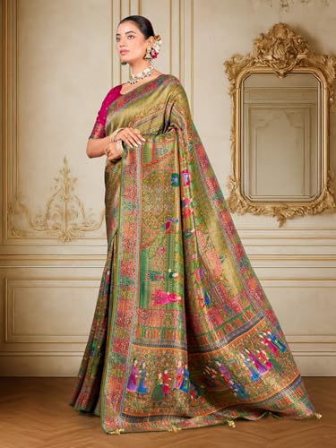 Image of Glory Sarees Women's Luxurious Dola Pure Silk Original Saree Position Print Work Madhubani Inspired Motifs Banarasi Kanjivaram Style Saree With Blouse Piece (Elegant101 Parent)