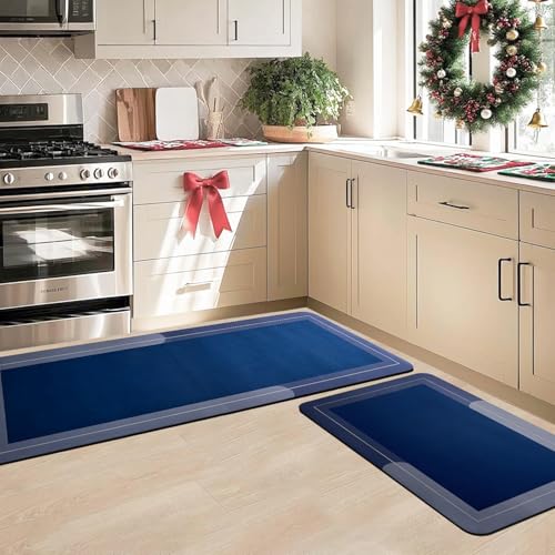 Image of SITTELLA Rubber Kitchen Mats Set of 2, Anti-Skid Kitchen Mats, Water Absorbent Rug, Carpets, Floor Mat for Home and Kitchen (120x40cm & 40x60cm) Blue, Rectangular