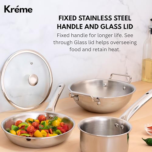 Image of Kreme Platina Triply Stainless Steel Cookware Set 4 Pc - Superior Finish, Cool Grip Handle, Induction Compatible | 100% Non-Toxic, Nickel-Free | Frypan 1.45 L + Kadai 2.2 L & Saucepan 1.2 L with Lids