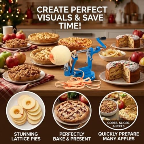 Image of Apple Peeler and Corer by Cucina Pro - Long Lasting Chrome Cast Iron with Countertop Suction Cup, Teal | Countertop Hand Crank for Fruits, Potatoes or Veggies, Picking Season- Pie, Treat Dessert Baking, Must Have Fall Kitchen Tool
