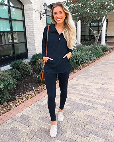 Btfbm Women Fashion Quilted Pattern Lightweight Zipper Long Sleeve Plain Casual Ladies Sweatshirts Pullovers Shirts Tops (Navy, Medium) #TOP2