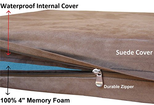 Image of Dogbed4less Orthopedic Waterproof Durable Gel Cool Memory Foam Dog Bed for Large Dogs, Microsuede in Brown Color, Jumbo 55X47X4 Inches