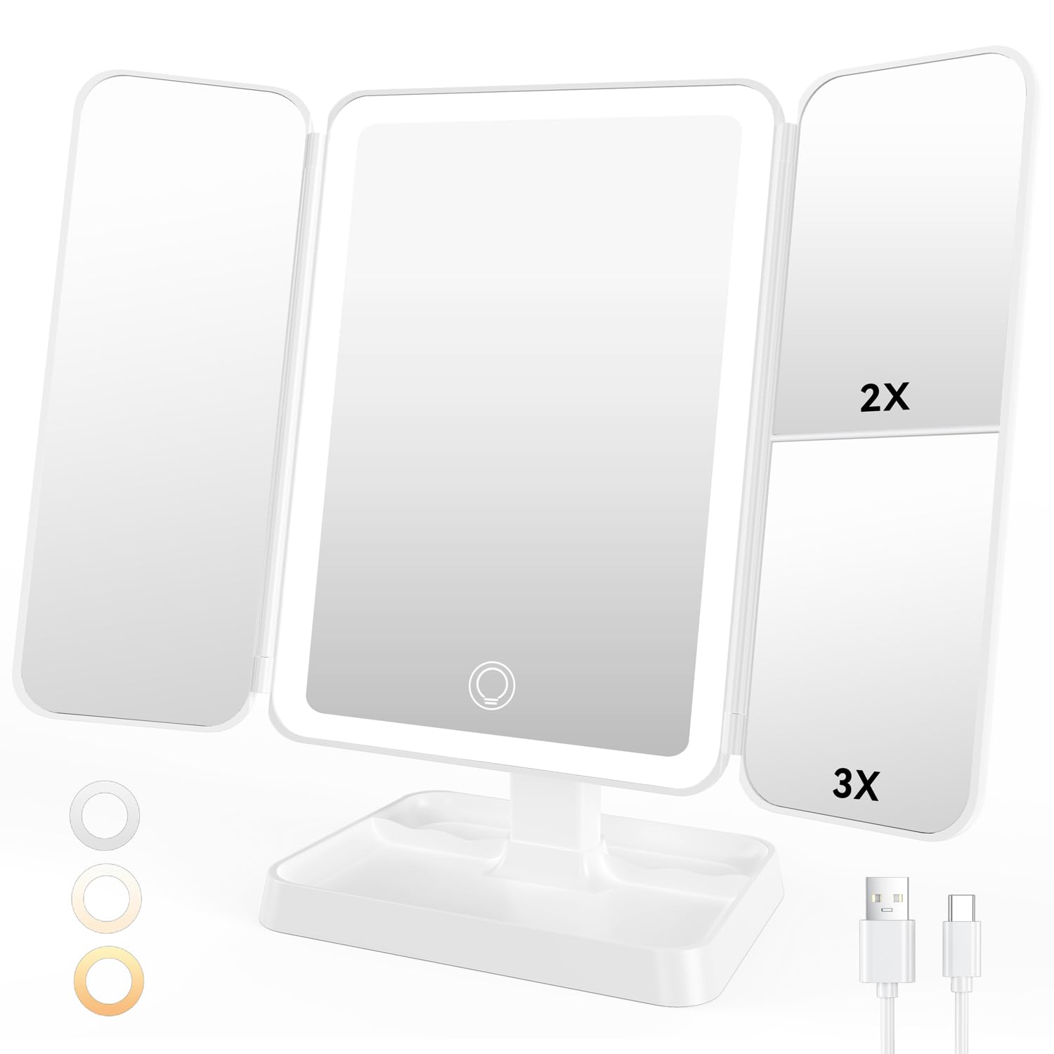 Auxmir Espejo Maquillaje con Luz, 52 Leds Espejo 1X/2X/3X Aumento, 2000mAh Espejo Tríptico Recargable, con Pantalla Táctil Ajustable USB, 3 Colores de Luz, 180° Giratorio, Blanco