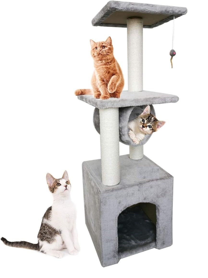 DUBKART Cat Tree Tower Cat Tree House Cat Tree Condo 3.0ft (93cm) Wood Rattan Pet Supplies with Sisal-Covered Scratching Post Pet Climbing Condo Easy to Assemgbly, Grey