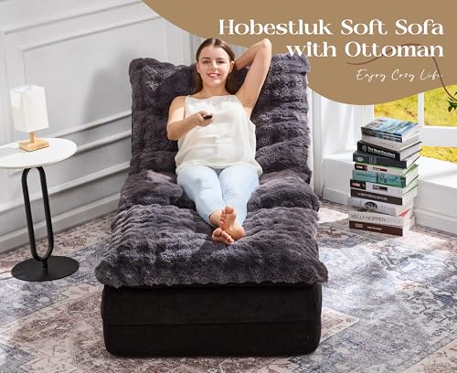 Image of Hobestluk Small Couch Sofa Chaise Lounge Chair Recliner Chair with Footrest | Ergonomic Design,Fluffy Fabric,Multi-Functional Ottoman,No Assembly,Lounge Chair Indoor Bedroom Apartment | Dark Grey Single