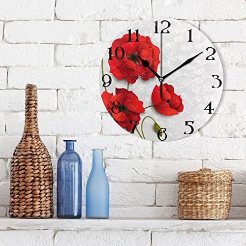 Mnsruu Large Wall Clocks, Red Poppy Flowers Non Ticking 25cm Clock Silent Clocks Atomic Analog Clocks Living Room Kitchen Bedroom Office Home Decor Easy to Read - Image 4
