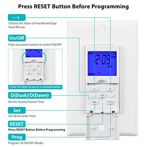 Bn-Link 7 Day Programmable Astronomical In-Wall Timer Switch For Lights, Fans And Motors, Single Pole Only, No Neutral Wire Required, White #TOP1