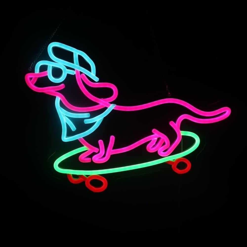Neon Skateboarding Dachshund Dog Sign, Led Light for Kids