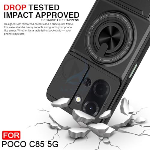 Image of AESTMO Poco C85 5G Back Cover | Armor Camera Slider 360 Degree Rotating Finger Ring Holder Case with Bracket Stand Back Case Cover (Compatible with MagSafe Accessories) (Black)