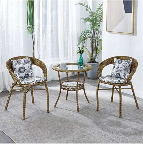 Image of 2+1 Outdoor Indoor Furniture Sets Rattan Wicker Chair Patio Set Bistro Set Conversation Set Balcony Outdoor Garden Furniture Chair (Golden with Multicolor Cushion & Pillow)