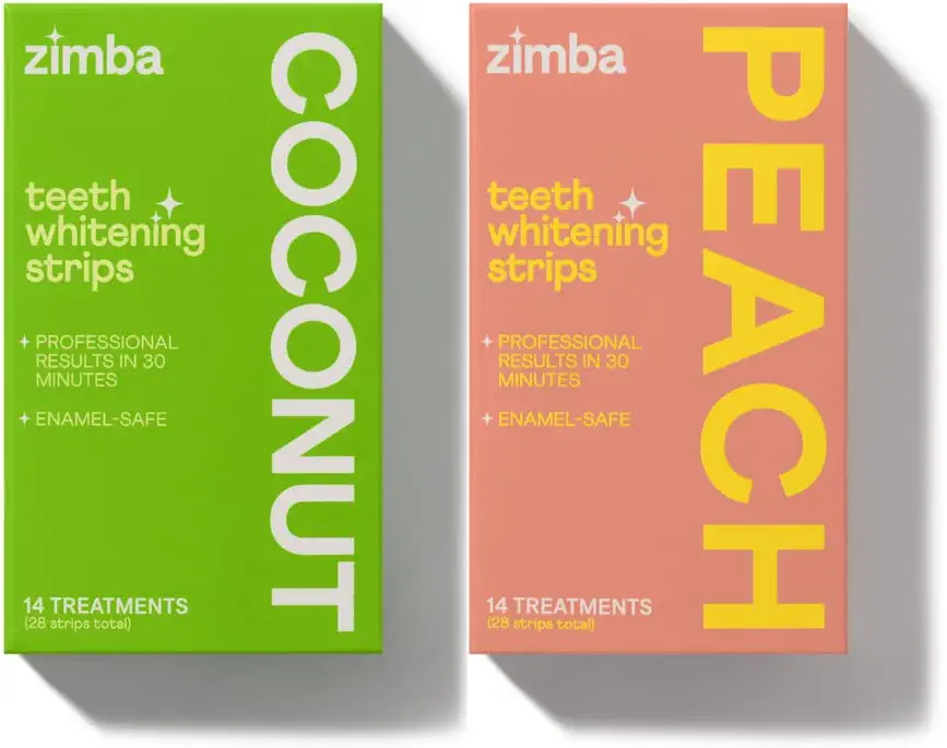 Zimba Teeth Whitening Strips for Teeth Sensitive, White Strips for Teeth Whitening, Teeth Whitener Stain Remover 28 White Strips Included Per Pack, 2 Pack (14 Day Treatment), Coconut and Peach