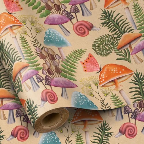 RUSPEPA Mushroom Wrapping Paper Roll Mini Roll Vintage Forest Design with Mushroom Fern Snail and Butterfly Kraft Gift Wrap Paper for Spring Birthday Wedding and More 17 Inches x 32.8 Feet