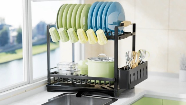 Égouttoir Vaisselle Cuisine, 2 Étages Égouttoir à Vaisselle INOX avec Plateau Egouttement et Support pour Couverts, Grande Capacité - Maison