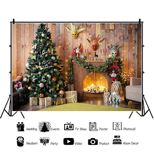 YongFoto 10x6.5ft Photography Backdrop Christmas tree Gift Fireplace Carnival Mask Sofa Cadel Carpet Interior Xmas Photo Background Backdrops Photography Party Adults Portrait Photo Studio Props - Image 3