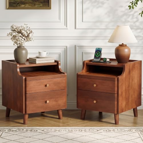 Image of Nightstand Set of 2, Pre-Assembled, 19.7 inchH Solid Wood Night Stand with 2 Drawers, Open Sliding Shelf, Mid Century Modern Small Bedside Table for Bedroom, Walnut 16 inch