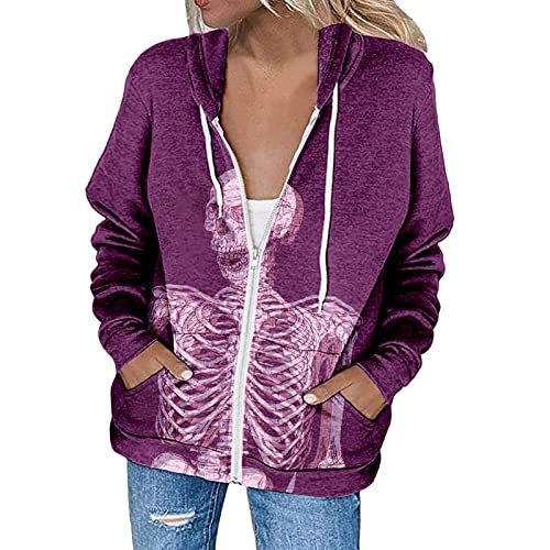 FYEGRE Kapuzenjacke Damen Freizeitjacke Lose Reißverschluss Kapuze Kordelzug Jacke Druck Einfarbig Tasche Reißverschluss Sweatshirt Jacke Softshelljacke Mädchen Sportjacken Sportswear Sweatjacke Cover