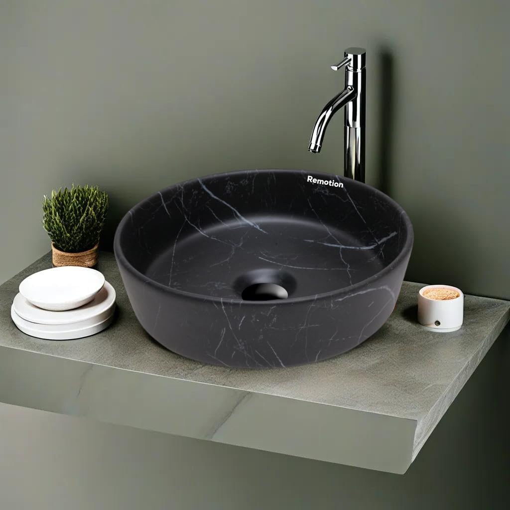 REMOTION Round Countertop Wash Basin For Bathroom | Tabletop Ceramic Bathroom Sink | Wash Basin Over Counter | Wash Basin For Living Room, Resturent (12.5 x 12.5 x 5 Inch) (Black White Stripe) (B0D2DH4DZ8) Amazon Price History, Amazon Price Tracker